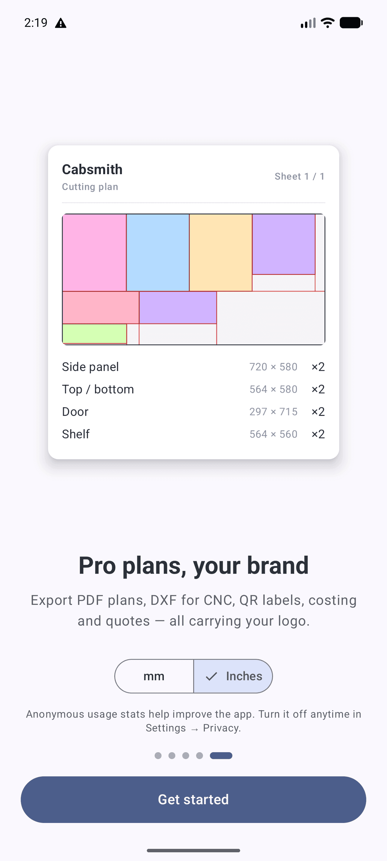 PDF cutting plan export in Cabsmith